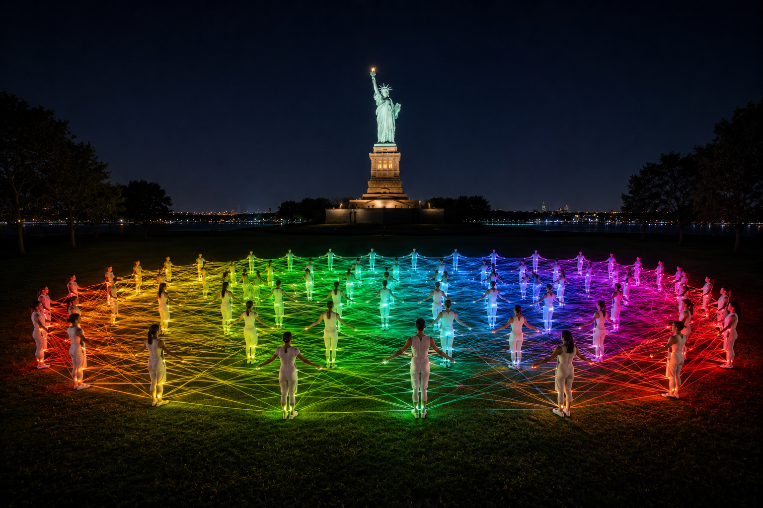Jasmine Zimmerman's rainbow Elastic Light installation around the Statue of Liberty, dozens of participants connected by glowing prismatic strands